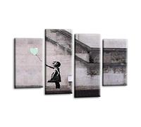 LR Banksy Heart Wall Art Picture - Grey & Duck Egg Graffiti Art Framed 4 Panel Split Canvas Print | Ready to Hang | Modern Wall Art for Living Room, Bedroom & Office