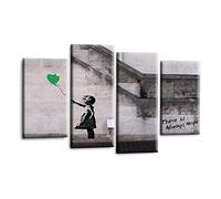 LR Banksy Heart Wall Art Picture - Grey & Green Graffiti Art Framed 4 Panel Split Canvas Print | Ready to Hang | Modern Wall Art for Living Room, Bedroom & Office
