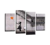 LR Banksy Heart Wall Art Picture - Grey & Orange Graffiti Art Framed 4 Panel Split Canvas Print | Ready to Hang | Modern Wall Art for Living Room, Bedroom & Office