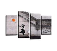 LR Banksy Heart Wall Art Picture - Grey & Orange Graffiti Art Framed 4 Panel Split Canvas Print | Ready to Hang | Modern Wall Art for Living Room, Bedroom & Office
