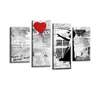 LR Banksy Heart Wall Art Picture - Grey & Red Graffiti Art Framed 4 Panel Split Canvas Print | Ready to Hang | Modern Wall Art for Living Room, Bedroom & Office