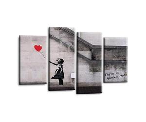 LR Banksy Heart Wall Art Picture - Grey & Red Graffiti Art Framed 4 Panel Split Canvas Print | Ready to Hang | Modern Wall Art for Living Room, Bedroom & Office