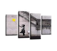 LR Banksy Heart Wall Art Picture - Grey & Yellow Graffiti Art Framed 4 Panel Split Canvas Print | Ready to Hang | Modern Wall Art for Living Room, Bedroom & Office