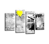 LR Banksy Heart Wall Art Picture - Grey & Yellow Graffiti Art Framed 4 Panel Split Canvas Print | Ready to Hang | Modern Wall Art for Living Room, Bedroom & Office