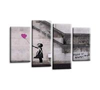 LR Banksy Heart Wall Art Picture - Purple & Grey Graffiti Art Framed 4 Panel Split Canvas Print | Ready to Hang | Modern Wall Art for Living Room, Bedroom & Office