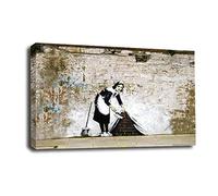 LR Banksy Maid Sweeping Wall Art Picture - Graffiti Art Framed Canvas Print | Ready to Hang | Modern Wall Art for Living Room, Bedroom & Office