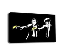 LR Banksy Pulp Fiction Wall Art Picture - Yellow & Black Graffiti Art Framed Canvas Print | Ready to Hang | Modern Wall Art for Living Room, Bedroom & Office