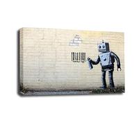 LR Banksy Robot Wall Art Picture - Grey & White Graffiti Art Framed Canvas Print | Ready to Hang | Modern Wall Art for Living Room, Bedroom & Office