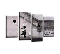 LR Banksy Wall Art Picture - Grey & Black Graffiti Art Framed 4 Panel Split Canvas Print | Ready to Hang | Modern Wall Art for Living Room, Bedroom & Office