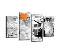 LR Banksy Wall Art Picture - Grey & Orange Graffiti Art Framed 4 Panel Split Canvas Print | Ready to Hang | Modern Wall Art for Living Room, Bedroom & Office