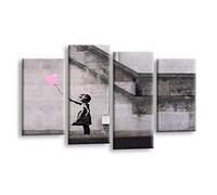 LR Banksy Wall Art Picture - Grey & Pink Graffiti Art Framed 4 Panel Split Canvas Print | Ready to Hang | Modern Wall Art for Living Room, Bedroom & Office