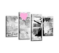 LR Banksy Wall Art Picture - Grey & Pink Graffiti Art Framed 4 Panel Split Canvas Print | Ready to Hang | Modern Wall Art for Living Room, Bedroom & Office