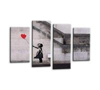 LR Banksy Wall Art Picture - Grey & Red Graffiti Art Framed 4 Panel Split Canvas Print | Ready to Hang | Modern Wall Art for Living Room, Bedroom & Office