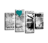 LR Banksy Wall Art Picture - Grey & Teal Graffiti Art Framed 4 Panel Split Canvas Print | Ready to Hang | Modern Wall Art for Living Room, Bedroom & Office