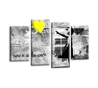 LR Banksy Wall Art Picture - Grey & Yellow Graffiti Art Framed 4 Panel Split Canvas Print | Ready to Hang | Modern Wall Art for Living Room, Bedroom & Office