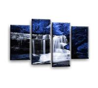LR Blue Waterfall Wall Art Picture - Black & White Forest Framed 4 Panel Split Canvas Print | Ready to Hang | Modern Wall Art for Living Room, Bedroom & Office