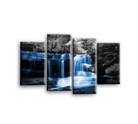 LR Blue Waterfall Wall Art Picture Forrest Landscape Black White Framed Split Canvas Panel Print