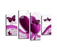 LR Butterfly Heart Wall Art Picture - Purple & White Floral Abstract Framed 4 Panel Split Canvas Print | Ready to Hang | Modern Wall Art for Living Room, Bedroom & Office