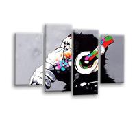 LR DJ Monkey Banksy Wall Art Picture - Graffiti Art Framed 4 Panel Split Canvas Print | Ready to Hang | Modern Wall Art for Living Room, Bedroom & Office
