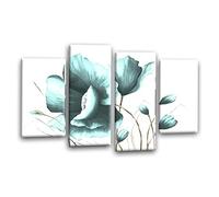 LR Duck Egg Floral Rose Wall Art Picture Framed 4 Panel Split Canvas Print | Ready to Hang | Modern Wall Art for Living Room, Bedroom & Office