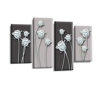 LR Duck Egg Floral Rose Wall Art Picture - Grey Framed 4 Panel Split Canvas Print | Ready to Hang | Modern Wall Art for Living Room, Bedroom & Office