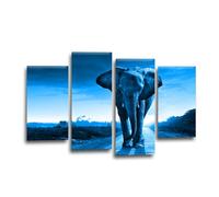 LR Elephant Sunset Wall Art Picture - Blue & Grey African Animal Framed 4 Panel Split Canvas Print | Ready to Hang | Wildlife Wall Art for Living Room, Bedroom & Office