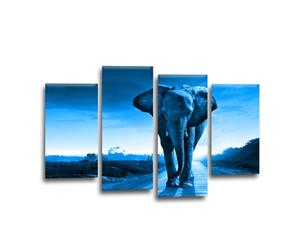 LR Elephant Sunset Wall Art Picture - Blue & Grey African Animal Framed 4 Panel Split Canvas Print | Ready to Hang | Wildlife Wall Art for Living Room, Bedroom & Office