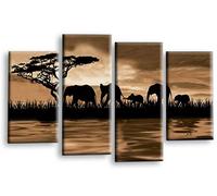 LR Elephant Sunset Wall Art Picture Brown Cream Animal Africa Framed Split Canvas Print Ready to Hang