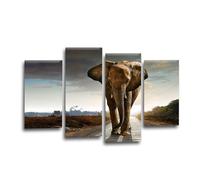 LR Elephant Sunset Wall Art Picture - Brown & Grey African Animal Framed 4 Panel Split Canvas Print | Ready to Hang | Wildlife Wall Art for Living Room, Bedroom & Office