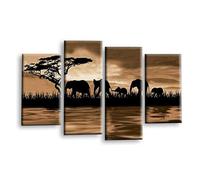 LR Elephant Sunset Wall Art Picture Brown Cream Animal Africa Framed Split Canvas Print Ready to Hang