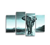 LR Elephant Sunset Wall Art Picture - Duck Egg Grey African Animal Framed 4 Panel Split Canvas Print | Ready to Hang | Wildlife Wall Art for Living Room, Bedroom & Office
