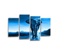 LR Elephant Sunset Wall Art Picture - Grey & Blue African Framed 4 Panel Split Canvas Print | Ready to Hang | Modern Wall Art for Living Room, Bedroom & Office