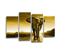 LR Elephant Sunset Wall Art Picture - Grey & Brown African Framed 4 Panel Split Canvas Print | Ready to Hang | Modern Wall Art for Living Room, Bedroom & Office
