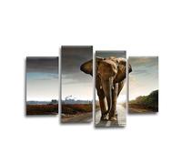 LR Elephant Sunset Wall Art Picture - Grey & Brown African Framed 4 Panel Split Canvas Print | Ready to Hang | Modern Wall Art for Living Room, Bedroom & Office