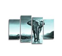 LR Elephant Sunset Wall Art Picture - Grey & Duck Egg African Framed 4 Panel Split Canvas Print | Ready to Hang | Modern Wall Art for Living Room, Bedroom & Office