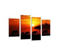 LR Elephant Sunset Wall Art Picture - Grey & Orange African Framed 4 Panel Split Canvas Print | Ready to Hang | Modern Wall Art for Living Room, Bedroom & Office