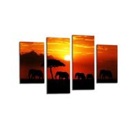 LR Elephant Sunset Wall Art Picture - Grey & Orange African Framed 4 Panel Split Canvas Print | Ready to Hang | Modern Wall Art for Living Room, Bedroom & Office