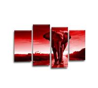 LR Elephant Sunset Wall Art Picture - Grey & Red African Framed 4 Panel Split Canvas Print | Ready to Hang | Modern Wall Art for Living Room, Bedroom & Office