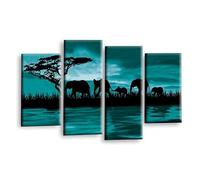 LR Sunset Elephants Wall Art Picture Teal Brown Grey Africa Water Reflection Framed Canvas Split Panel Print