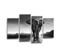 LR Elephant Sunset Wall Art Picture - Grey & White African Animal Framed 4 Panel Split Canvas Print | Ready to Hang | Wildlife Wall Art for Living Room, Bedroom & Office