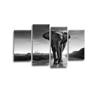 LR Elephant Sunset Wall Art Picture - Grey & White African Framed 4 Panel Split Canvas Print | Ready to Hang | Modern Wall Art for Living Room, Bedroom & Office