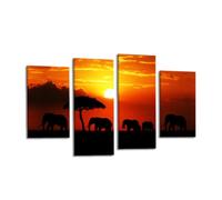 LR Elephant Sunset Wall Art Picture - Orange & Grey African Animal Framed 4 Panel Split Canvas Print | Ready to Hang | Wildlife Wall Art for Living Room, Bedroom & Office (LH)