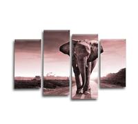 LR Sunset Elephants Wall Art Picture Pink Cream Grey Africa Framed Canvas Print Split Panel
