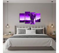 LR Elephant Sunset Wall Art Picture - Purple & Grey African Animal Framed 4 Panel Split Canvas Print | Ready to Hang | Wildlife Wall Art for Living Room, Bedroom & Office