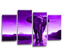 LR Elephant Sunset Wall Art Picture - Purple & Grey African Framed 4 Panel Split Canvas Print | Ready to Hang | Modern Wall Art for Living Room, Bedroom & Office