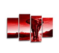 LR Elephant Sunset Wall Art Picture - Red & Grey African Animal Framed 4 Panel Split Canvas Print | Ready to Hang | Wildlife Wall Art for Living Room, Bedroom & Office