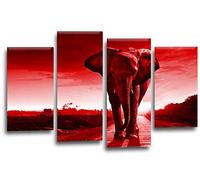 LR Elephant Sunset Wall Art Picture Red Grey Animal Africa Framed Split Canvas Print Ready to Hang