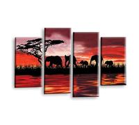 LR Elephant Sunset Wall Art Picture - Red, Orange & Black African Framed 4 Panel Split Canvas Print | Ready to Hang | Modern Wall Art for Living Room, Bedroom & Office