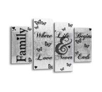 LR Family Love Quote Wall Art Picture - Black & White Framed 4 Panel Split Canvas Print | Ready to Hang | Modern Wall Art for Living Room, Bedroom & Office