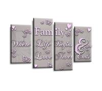 LR Family Love Quote Wall Art Picture - Grey, Pink & Powder Grey Framed 4 Panel Split Canvas Print | Ready to Hang | Modern Wall Art for Living Room, Bedroom & Office